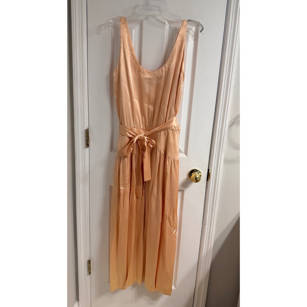 RARE- Albert Nipon by Night Vintage Peach Satin Drop Waist Midi Dress Sash Tie